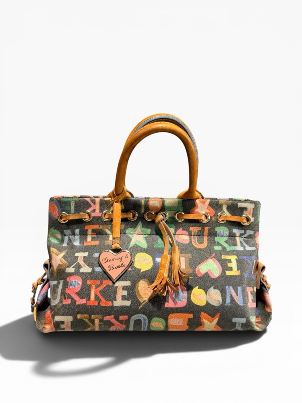 VTG Dooney & Bourke Y2K Doodle Monogram Drawstring Tote w/ Heart Charm & COA